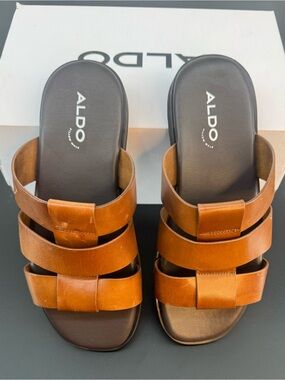 Aldo Men’s Tan Triple-Strap Leather Slide Sandals Size 10